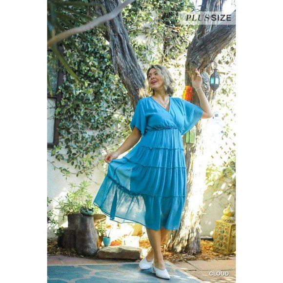 Umgee Plus Size Cloud Blue Smocked Short Sleeve Textured Tiered Maxi Dress - Picture 3 of 6